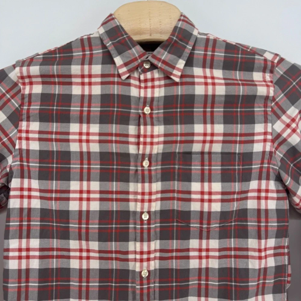 J.Crew Mens Plaid‎ Button Down Shirt Red Gray White Cotton Size M